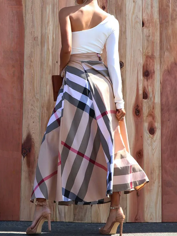 Plaid Split-Side Tied Waist High Waisted Loose Skirts Bottoms