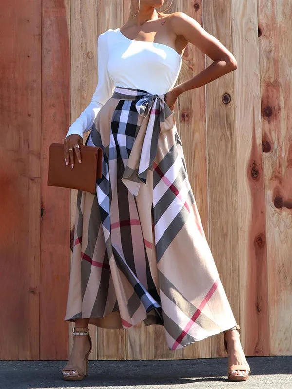 Plaid Split-Side Tied Waist High Waisted Loose Skirts Bottoms