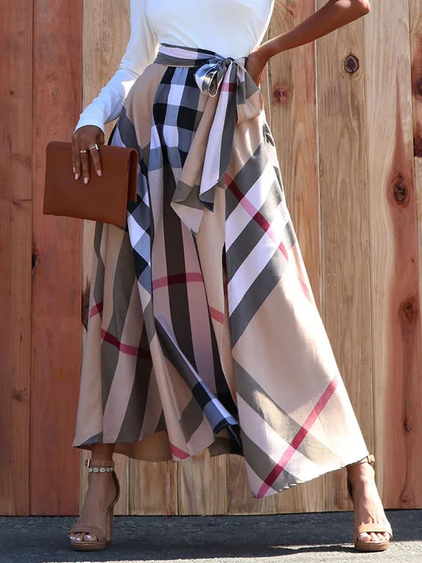 Plaid Split-Side Tied Waist High Waisted Loose Skirts Bottoms