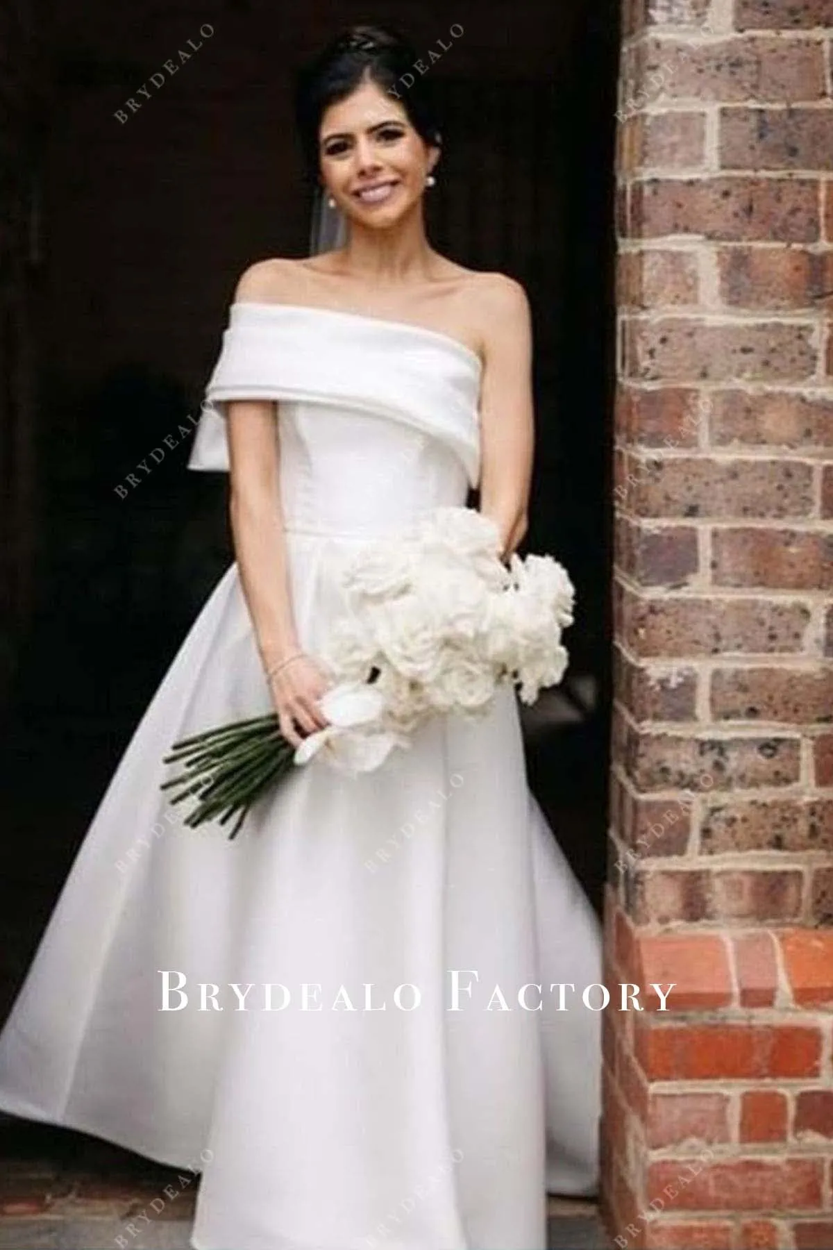 Pretty Big Bow One Sleeve Satin Destination Wedding Dress