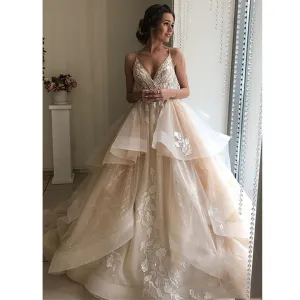 Pretty Champagne Backless Floral Ruffles Puffy Lace Bridal Gowns Beach Wedding Gown Dresses