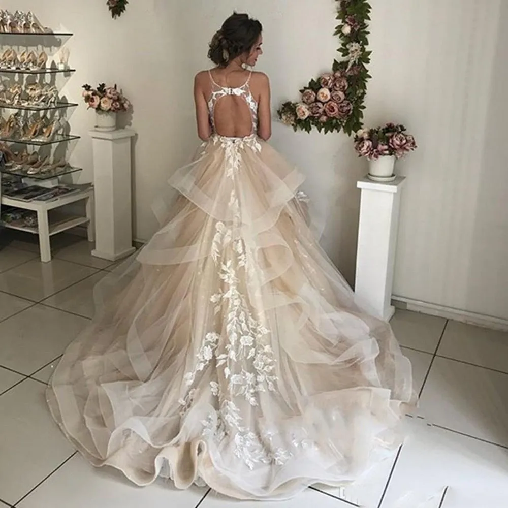 Pretty Champagne Backless Floral Ruffles Puffy Lace Bridal Gowns Beach Wedding Gown Dresses