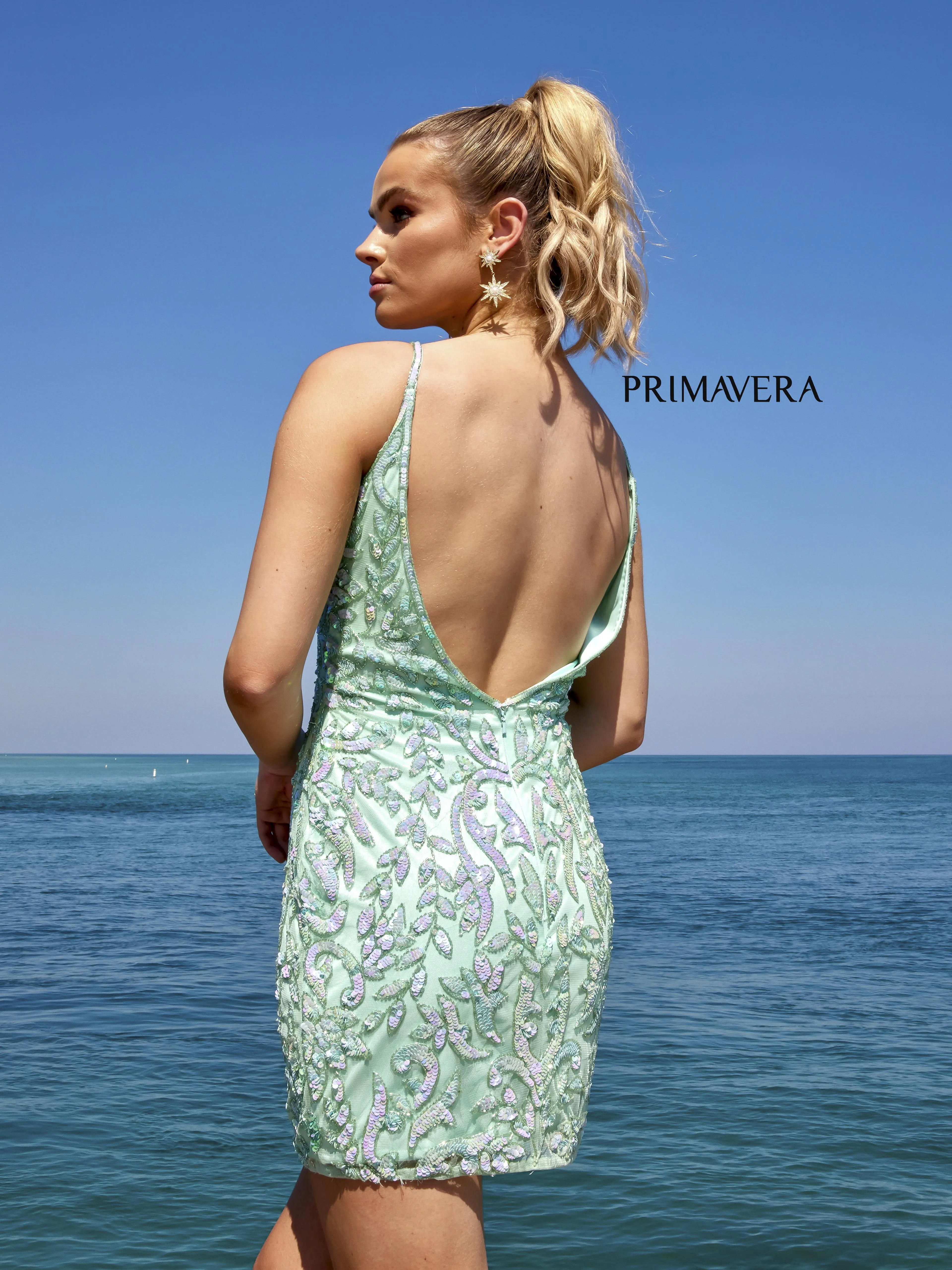 Primavera Couture 4013 Size 10 Ivory V-Neck Sequin Cocktail Dress Embellished With Beads Deep V Back