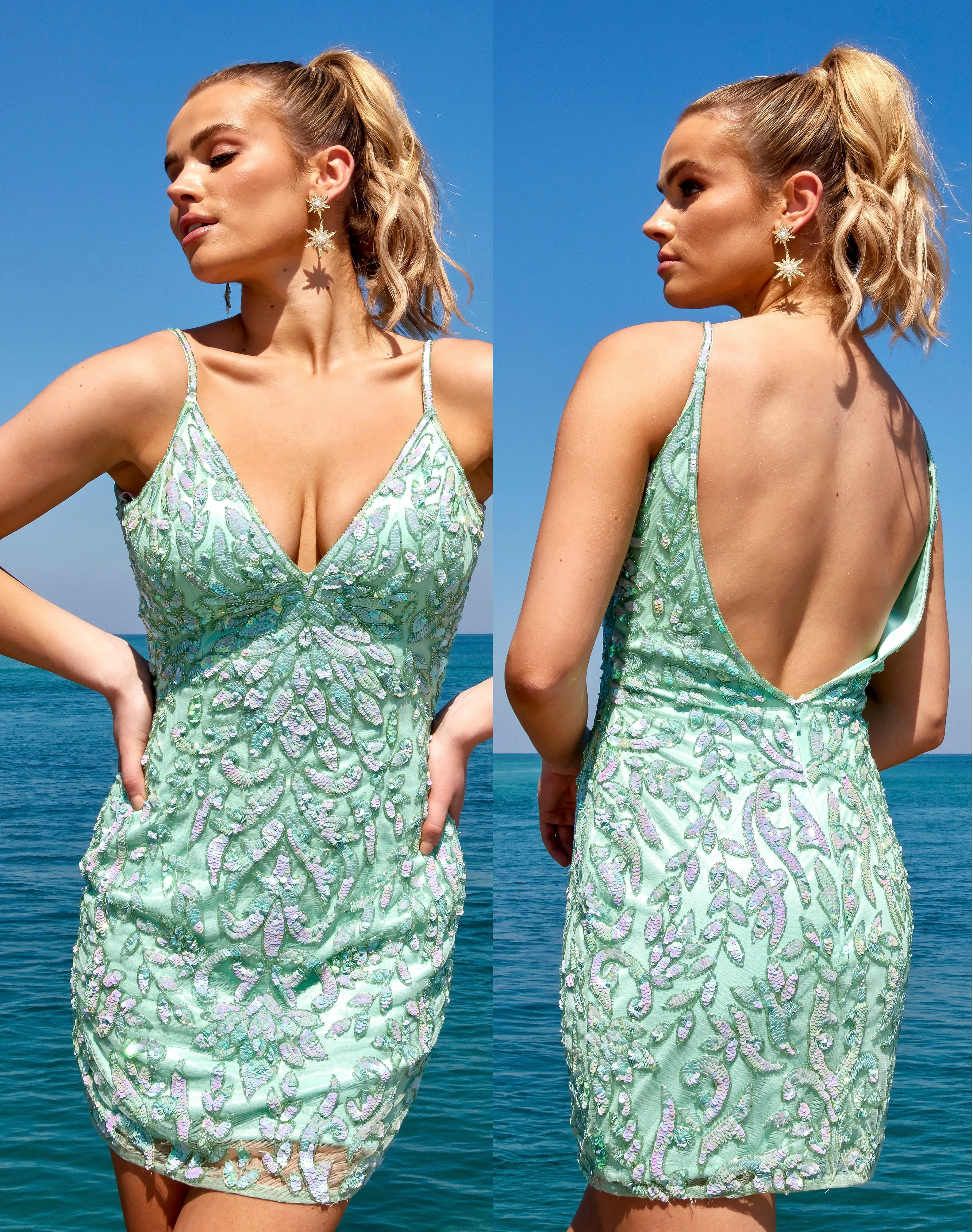 Primavera Couture 4013 Size 10 Ivory V-Neck Sequin Cocktail Dress Embellished With Beads Deep V Back