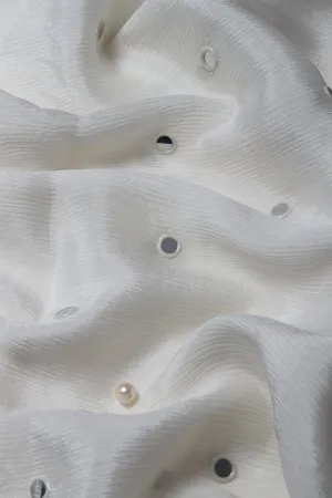 Real Mirror Embroidery Work On White Dyeable Viscose Chinnon Chiffon Fabric