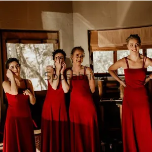 Red Unique Design Straps Long Simple Bridesmaid Dresses WG825