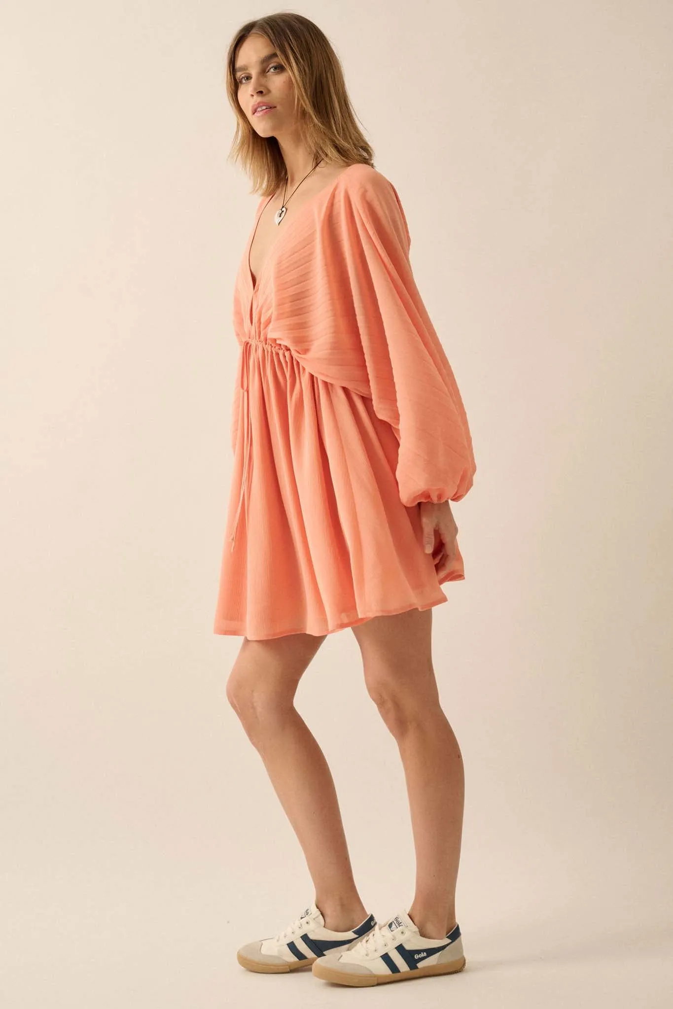 Ripple Effect Accordion Pleated Kimono Mini Dress