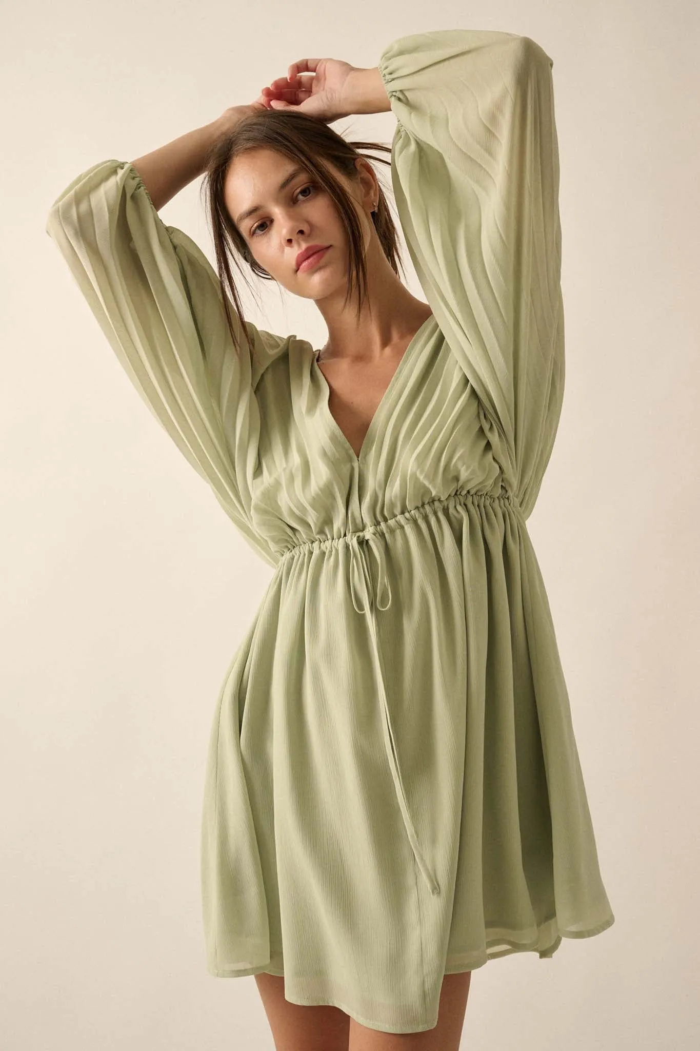 Ripple Effect Accordion Pleated Kimono Mini Dress