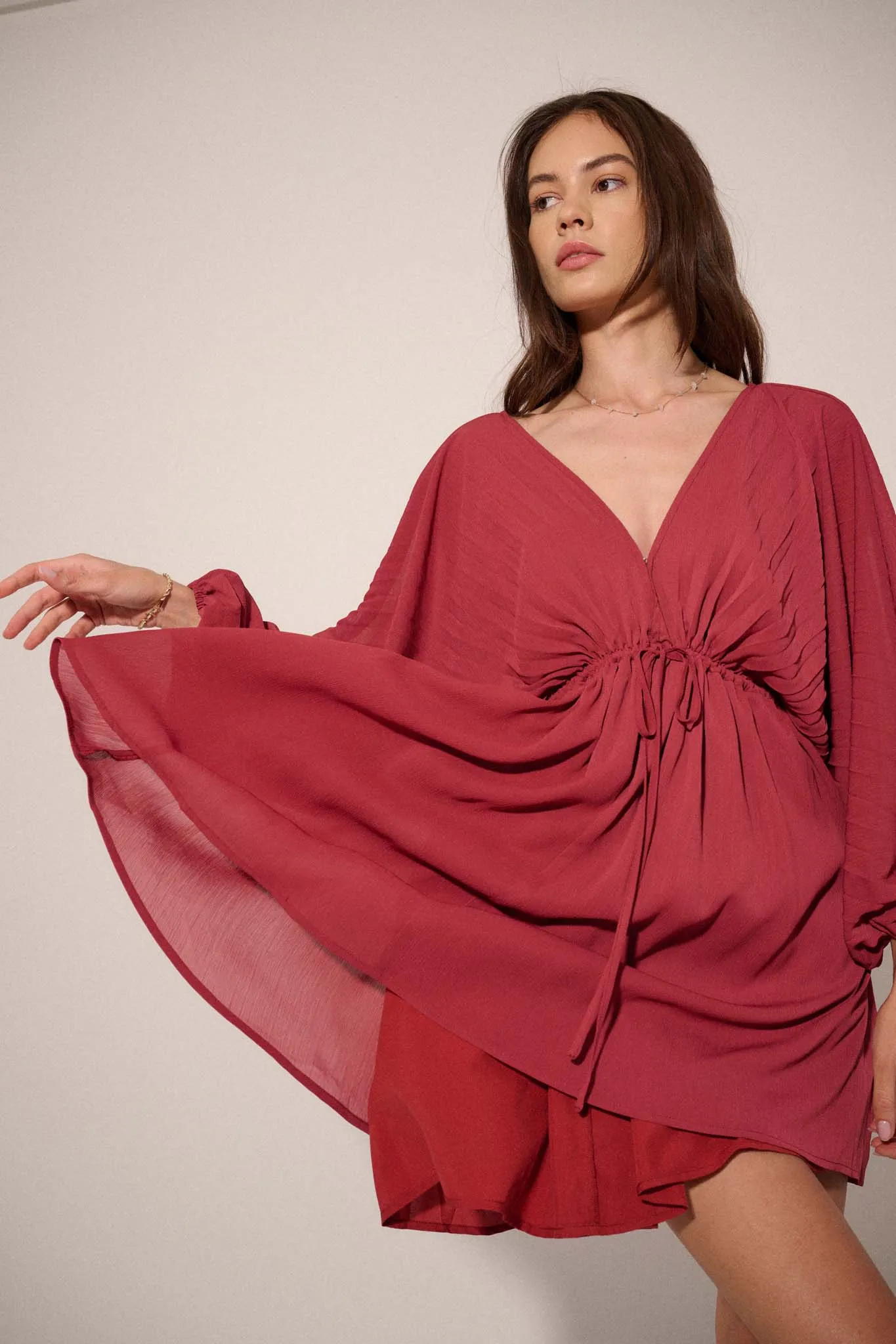 Ripple Effect Accordion Pleated Kimono Mini Dress