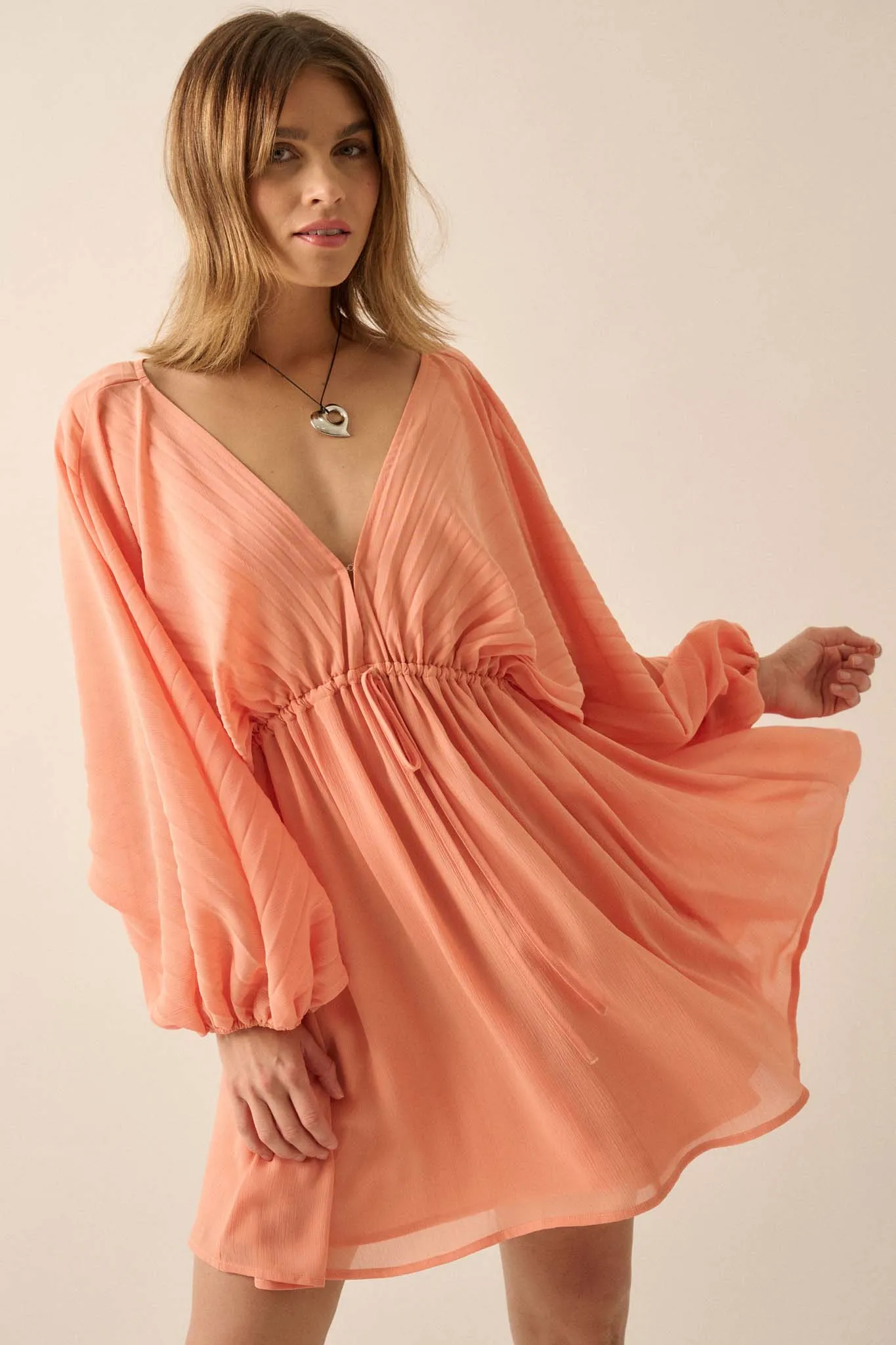 Ripple Effect Accordion Pleated Kimono Mini Dress