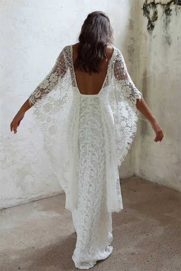 Romantic Bat Sleeve Lace Wedding Dress Sheath Bridal Gown