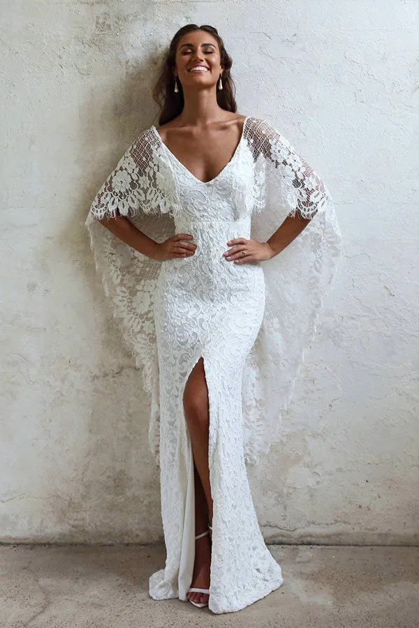 Romantic Bat Sleeve Lace Wedding Dress Sheath Bridal Gown