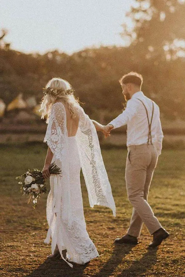 Romantic Bat Sleeve Lace Wedding Dress Sheath Bridal Gown
