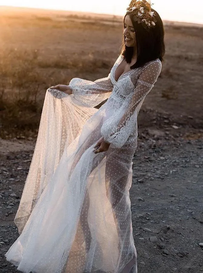 Rustic Polka Dot Puffy Sleeve Wedding Dress See Through Boho Bridal Dress