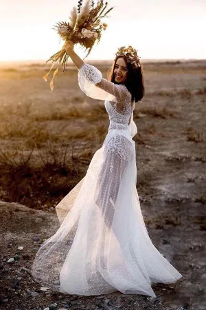 Rustic Polka Dot Puffy Sleeve Wedding Dress See Through Boho Bridal Dress