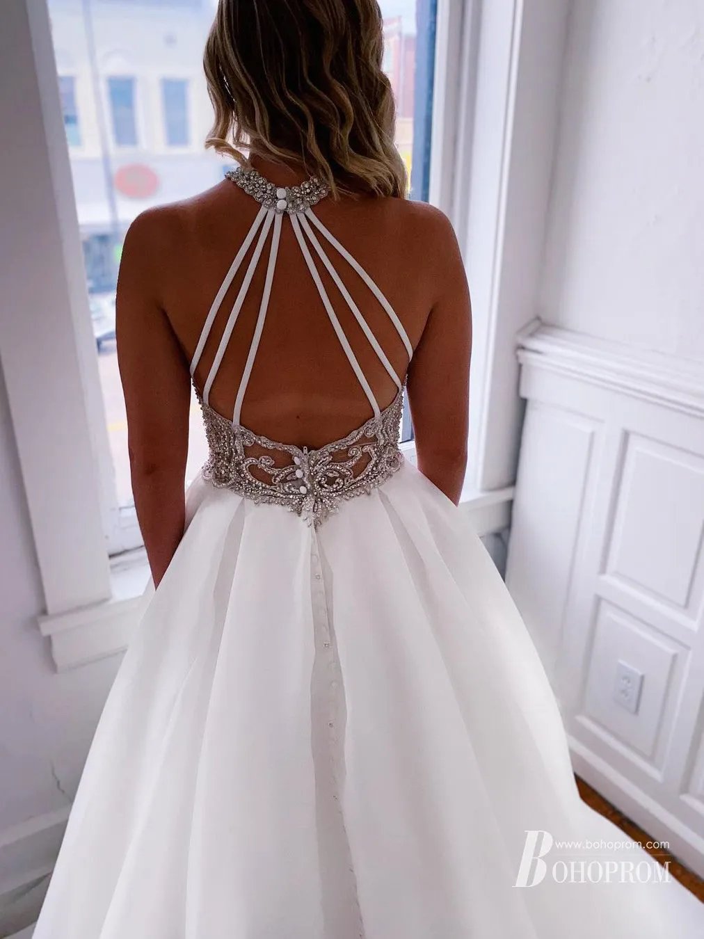 Sexy Halter Satin Organza Bead Wedding Dresses With Pleats WD041