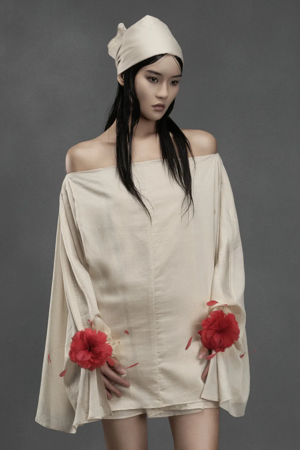 Shrimp Straight Off-Shoulder Chiffon Mini Dress