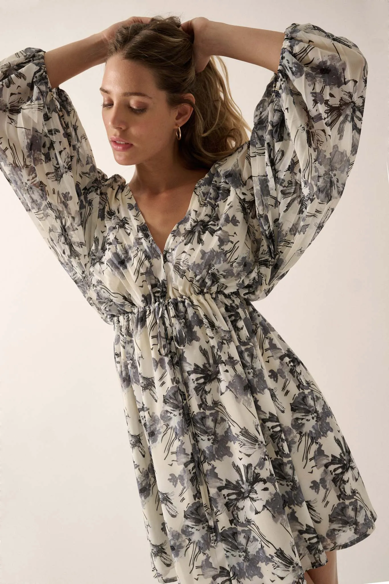 Silver Shadows Floral Chiffon Kimono Mini Dress