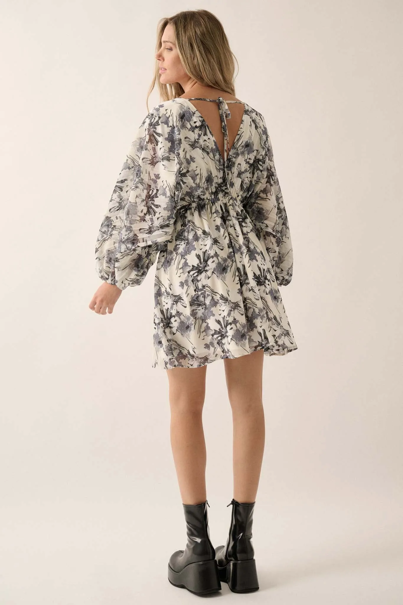 Silver Shadows Floral Chiffon Kimono Mini Dress