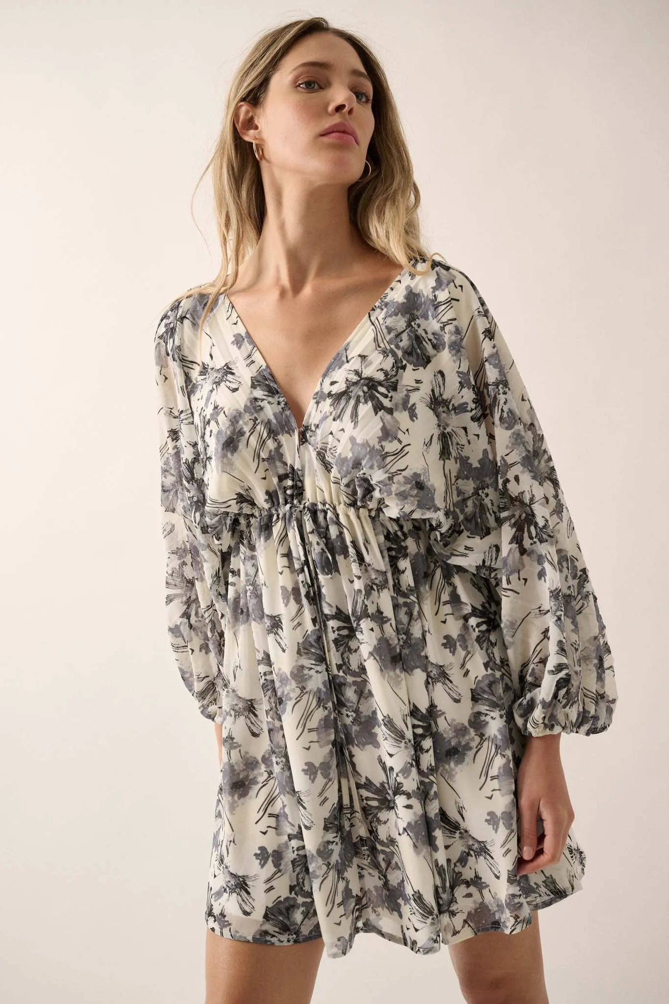 Silver Shadows Floral Chiffon Kimono Mini Dress