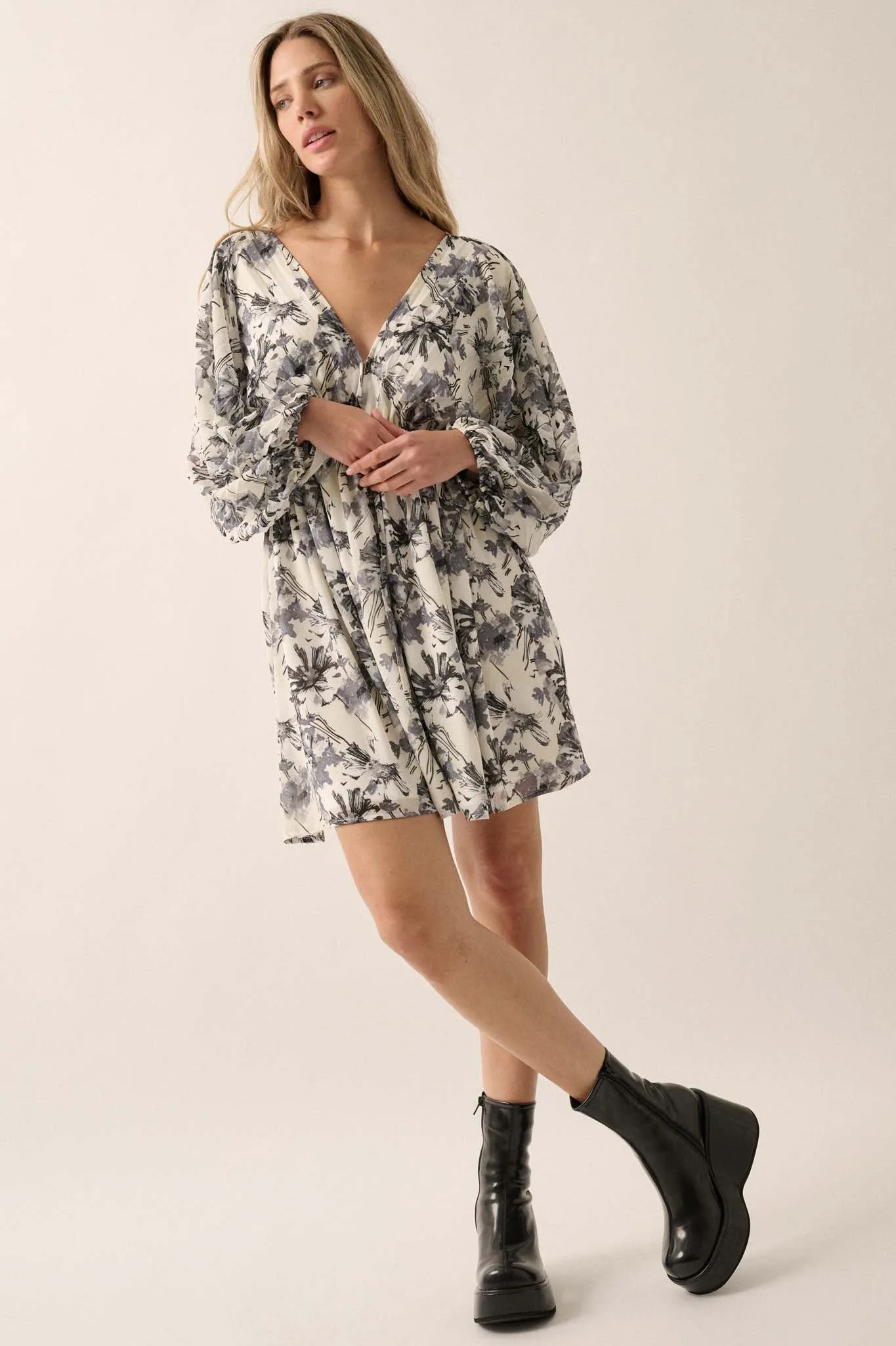Silver Shadows Floral Chiffon Kimono Mini Dress