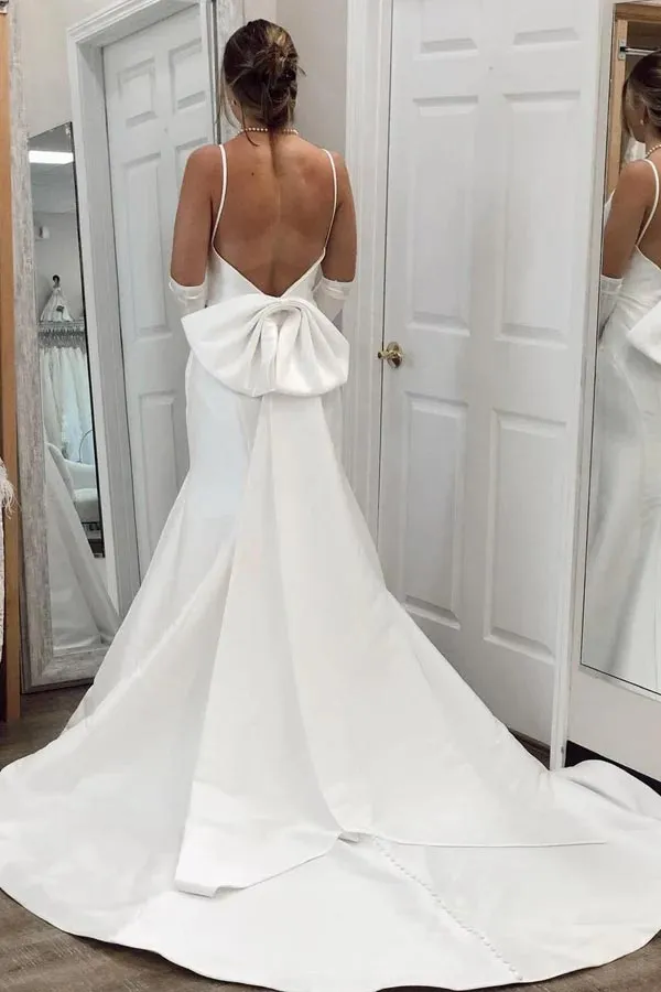 Simple Mermaid Ivory Satin Sexy Back Long Wedding Dress