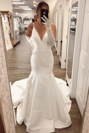 Simple Mermaid Ivory Satin Sexy Back Long Wedding Dress