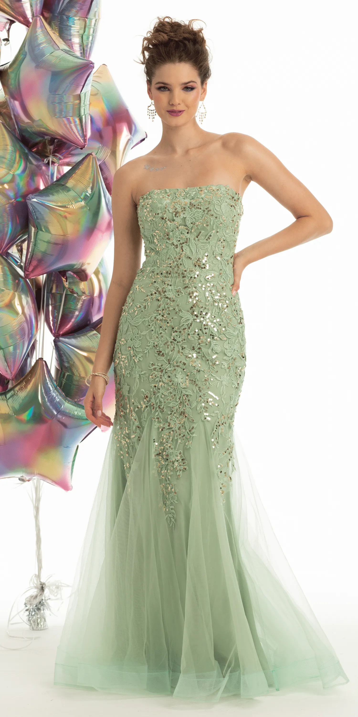 Strapless Embroidered Mermaid Dress with Mesh Godets