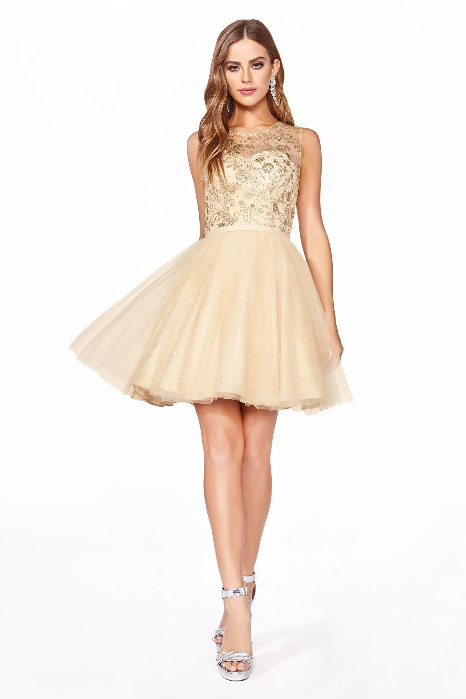 Tulle short dress with glitter detail and illusion neckline