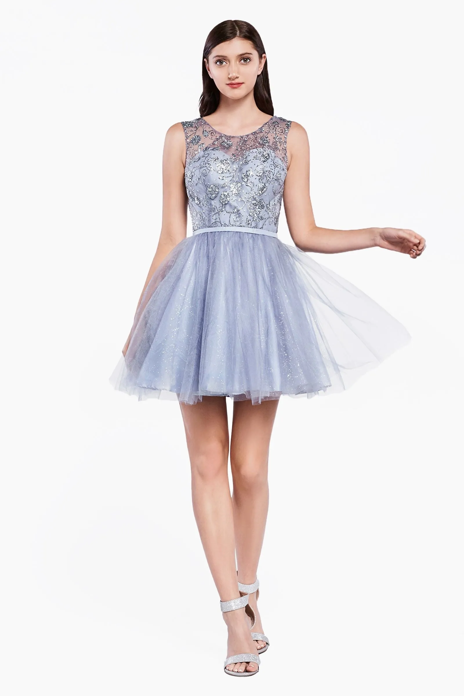 Tulle short dress with glitter detail and illusion neckline
