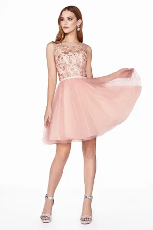 Tulle short dress with glitter detail and illusion neckline