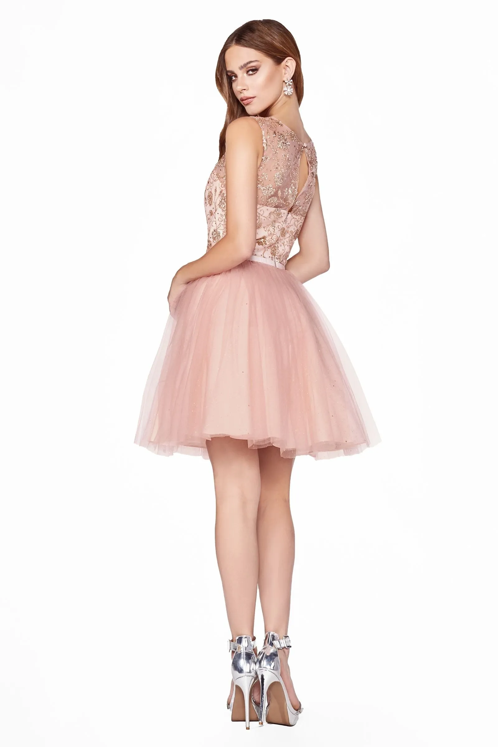 Tulle short dress with glitter detail and illusion neckline