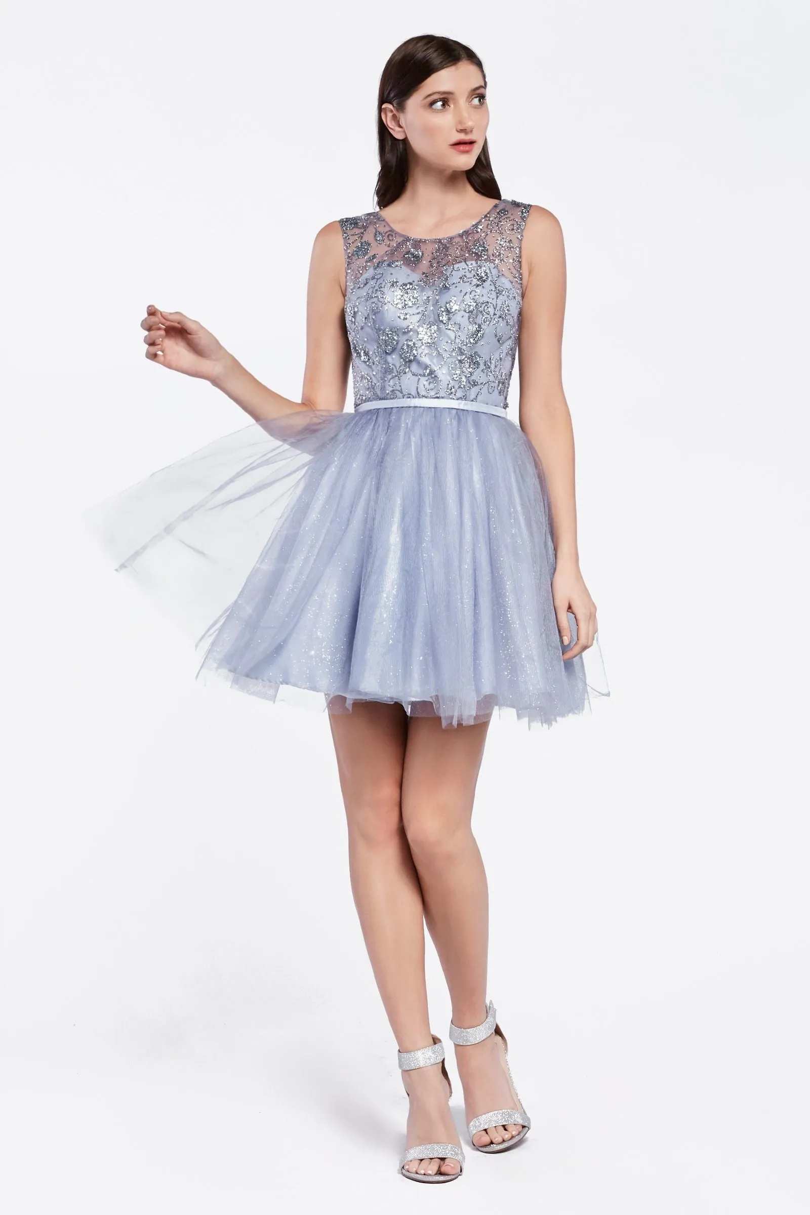 Tulle short dress with glitter detail and illusion neckline