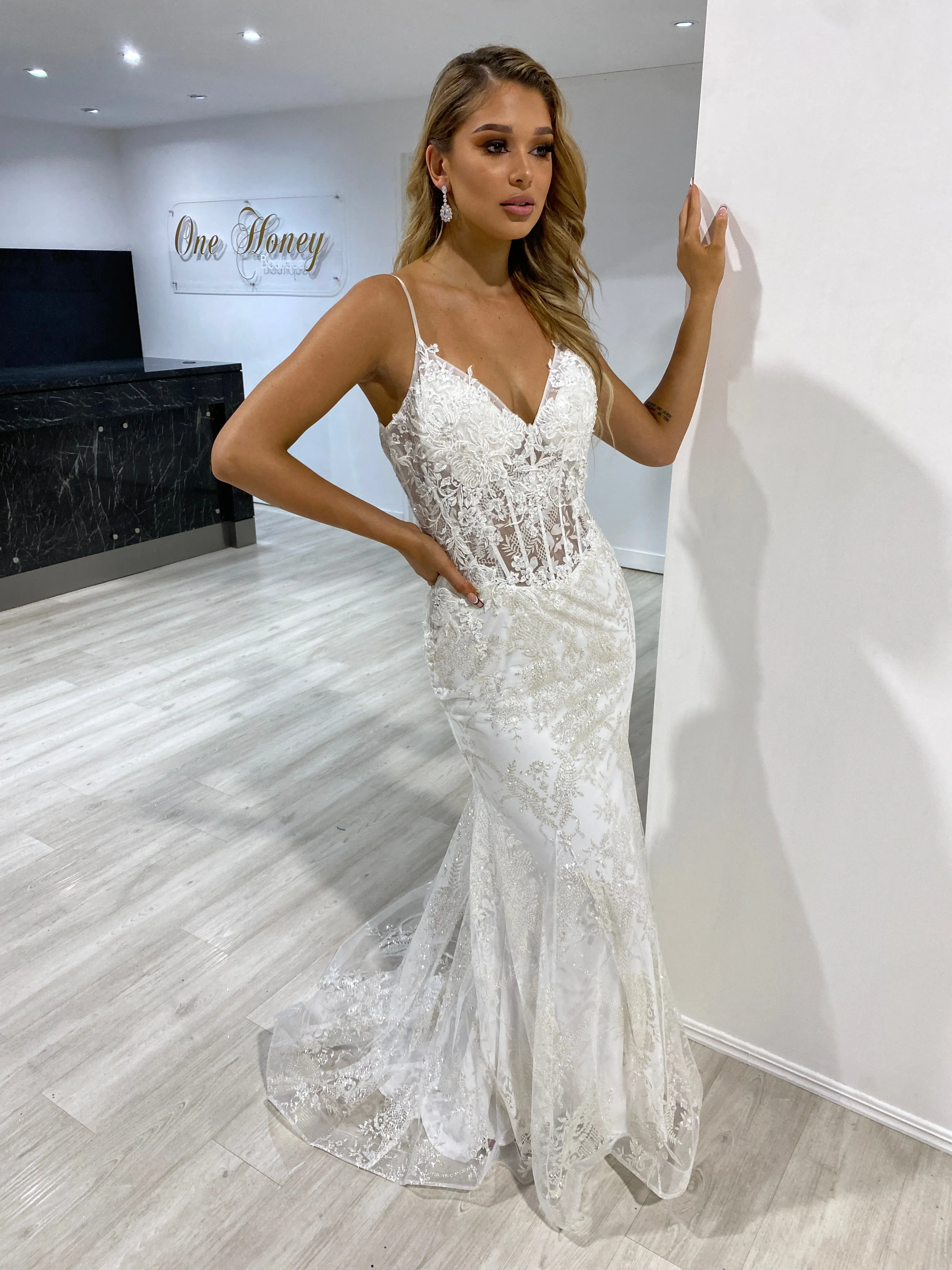 VALENTINA Off White Sequin Corset Mermaid Formal Gown Dress
