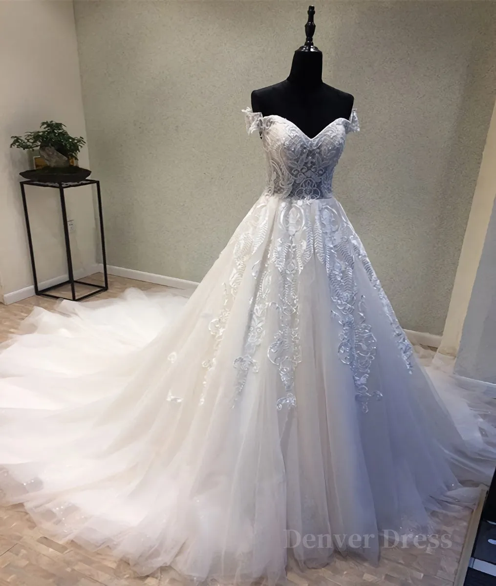 White sweetheart tulle lace applique long prom dress wedding dress