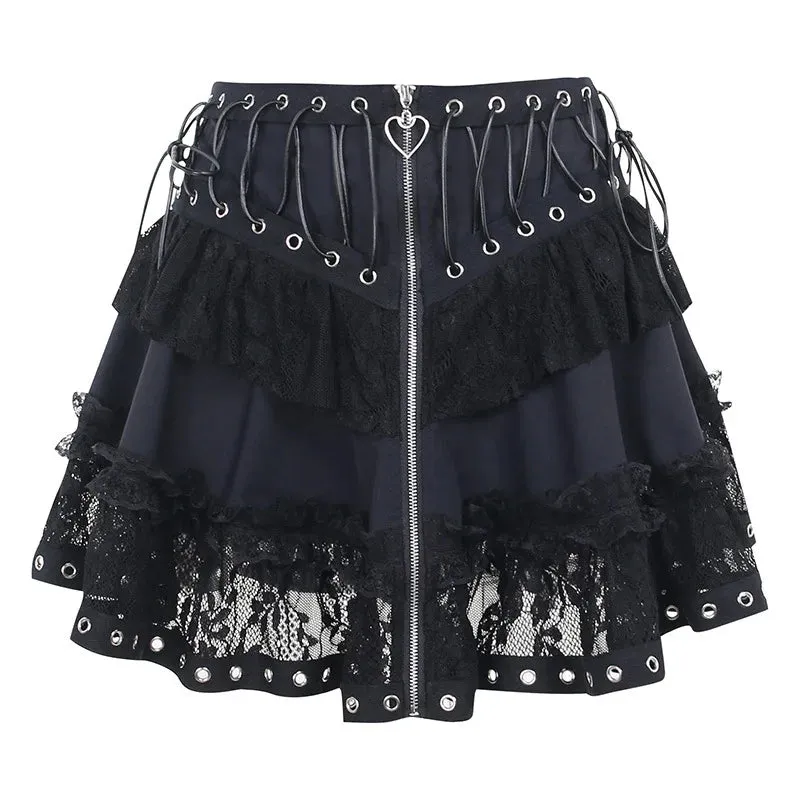 Women's Skater Black Zipper Style Waist High Harajuku Japanese Kawaii Gothic Vintage Front Mini Skirt