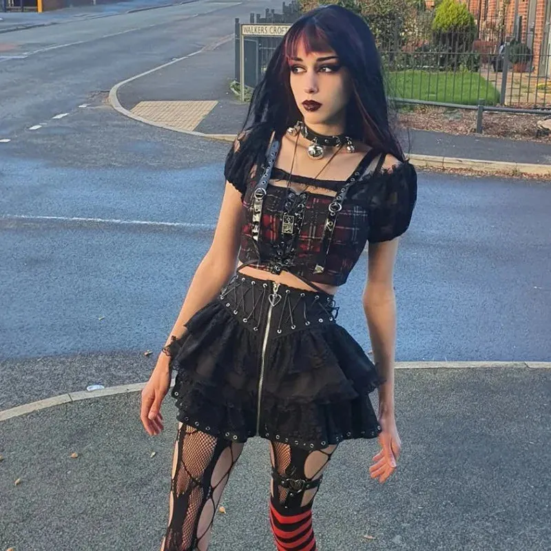 Women's Skater Black Zipper Style Waist High Harajuku Japanese Kawaii Gothic Vintage Front Mini Skirt